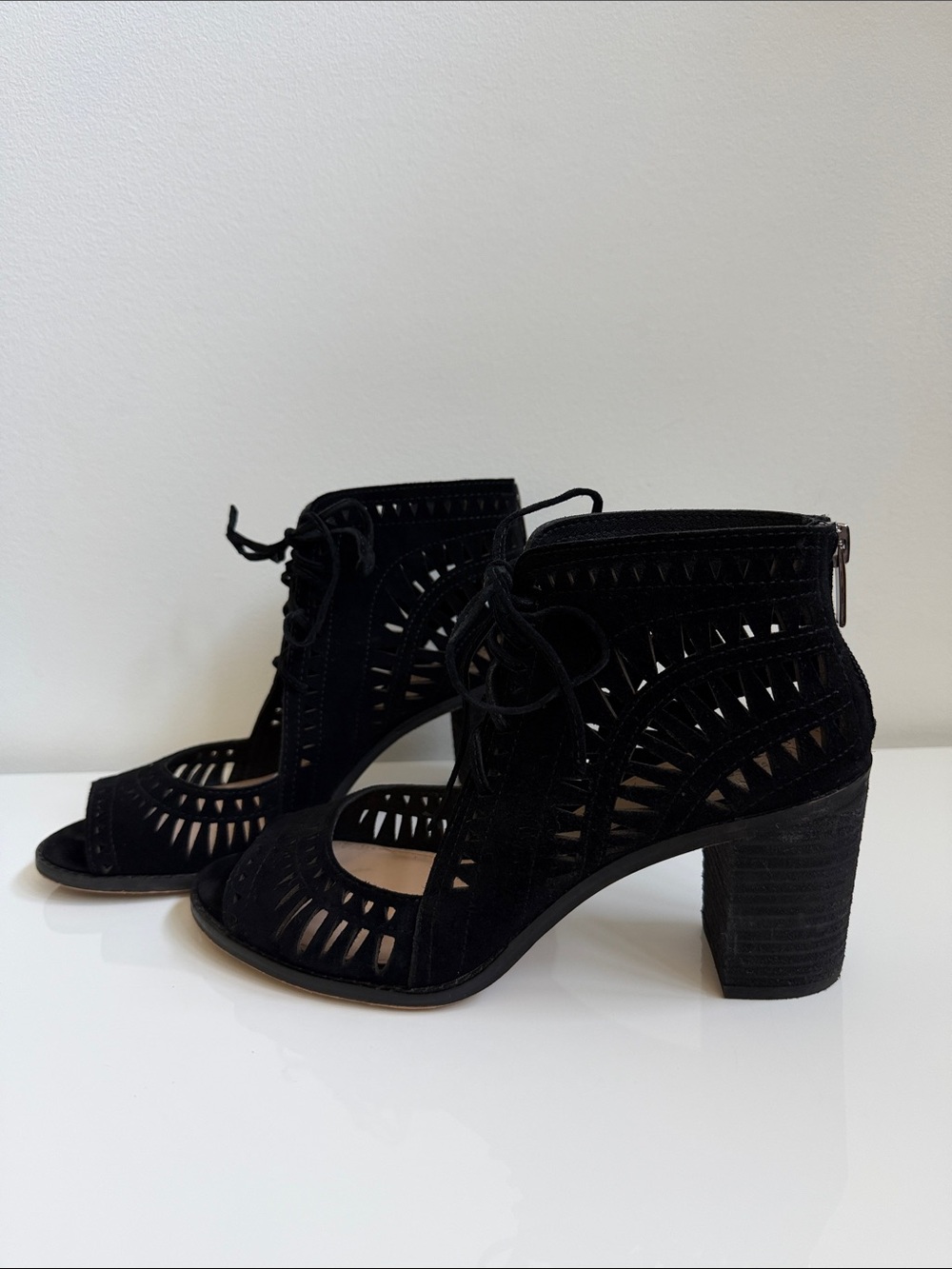 Vince Camuto Black Cutout Lace-Up Block Heel Booties